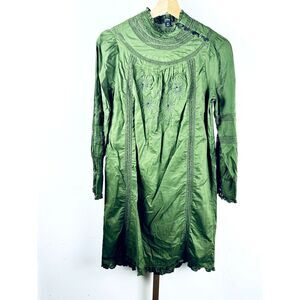 Beautiful J. Crew Green Long Sleeve Dress Cotton Eyelet Collar Accent EUC XS